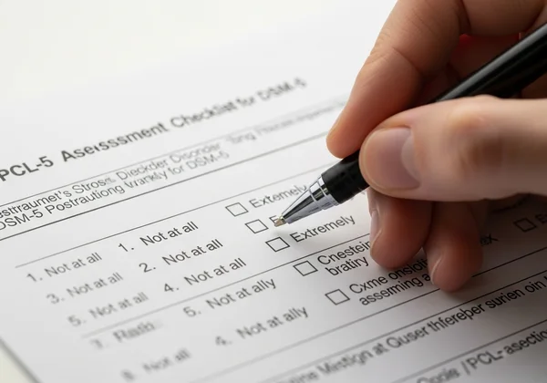 Close-up of a PCL-5 assessment form being filled out.