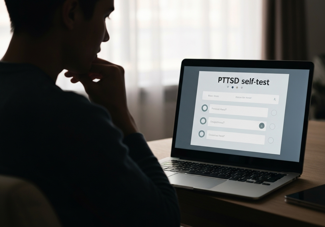 Person taking an online PTSD self-test on a laptop.