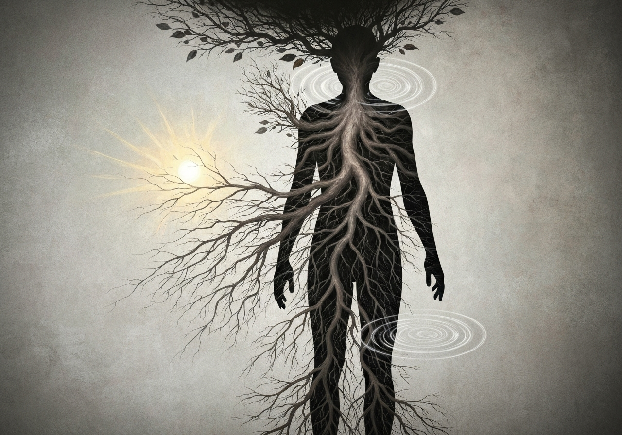 Abstract representation of deep, tangled roots affecting a person.