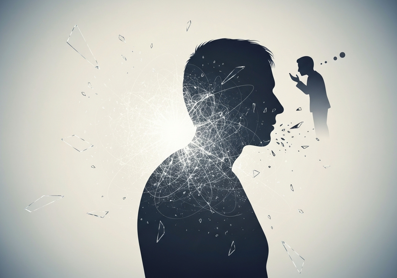 Person overwhelmed by chaotic emotions and a harsh inner critic.