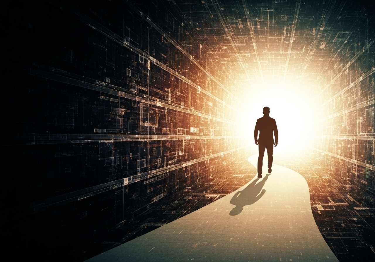 Person stepping from darkness into light, symbolizing healing clarity.