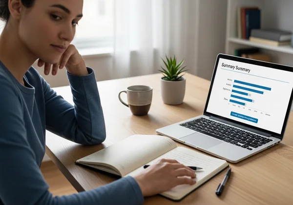 Person preparing notes for a doctor's visit, showing test results.