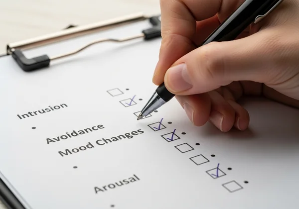 Hand writing PTSD symptoms on a checklist for a doctor.