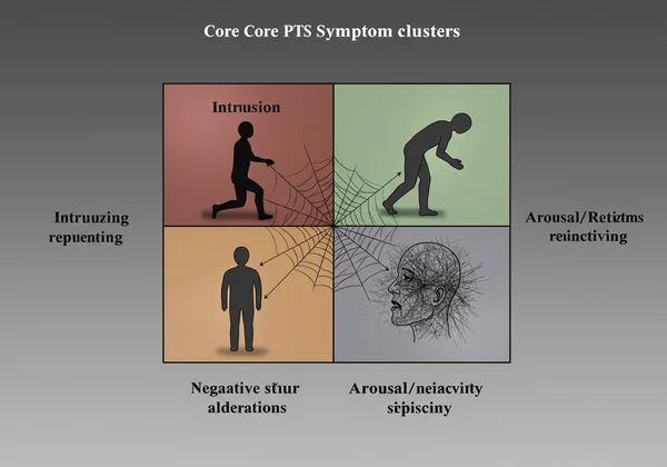 Four core PTSD symptom clusters represented visually.