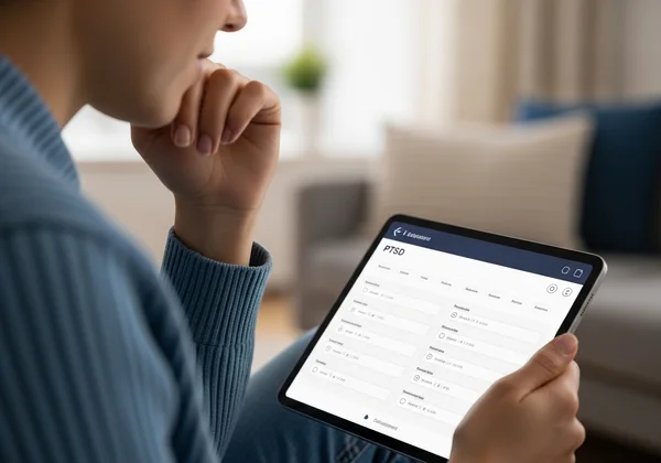 Person taking an online PTSD screening test on a tablet.