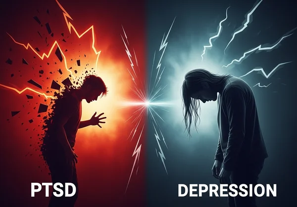 Visual comparison of PTSD vs. depression symptoms and causes.