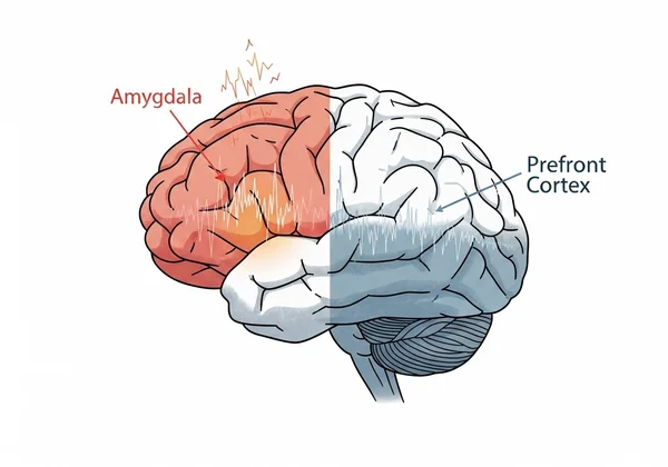 Stylized brain showing dysregulated fear and control centers.