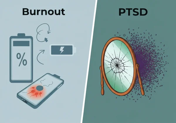 Visual comparison showing key differences between burnout and PTSD