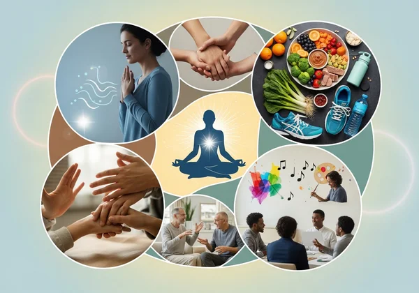 Collage of self-care activities and supportive figures