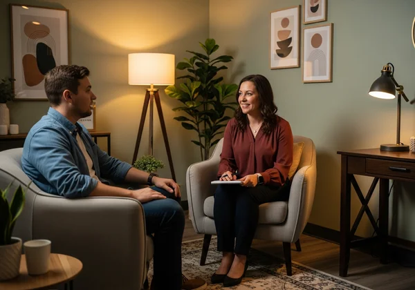 Person consulting a therapist for PTSD